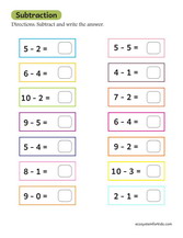 Basic subtraction to ten worksheet for first grade